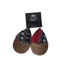 NWT Wooden Fabric Covered Boho Aztec Dangle Earrings Black Red Colorful